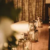 Interior of the Boclair House Grand Ballroom showcasing ornate lanterns, set up for an exclusive-use wedding ceremony in Bearsden, Glasgow