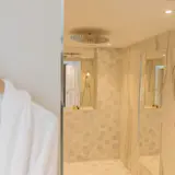 Robe hanging up next to shower