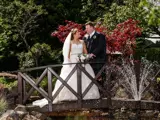 A bride and groom pose together on a bridge surrounded by greenery