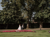 newly married couple taking a walk in boclair house gardens